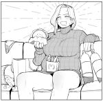  1girl burger couch curvy eating food french_fries laughing mcdonald&#039;s monochrome ohasi original pink_(ohasi) popcorn ribbed_sweater sitting soda_bottle sweat sweater turtleneck turtleneck_sweater 