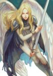  1girl armor blonde_hair bodysuit claymore feathered_wings grey_eyes highres holding holding_sword holding_weapon long_hair shoulder_armor shoulder_pads sword teresa_(claymore) wavy_hair weapon wings yixinhe 