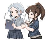  2girls bangs blue_jacket blue_necktie blue_skirt blush_stickers book bow brown_bow brown_hair check_commentary closed_eyes commentary_request dot_nose expressionless grey_hair grey_shirt hair_bow highres holding holding_book idolmaster idolmaster_million_live! jacket long_hair makabe_mizuki multiple_girls necktie parted_lips pleated_skirt ponytail satake_minako shirt short_hair short_sleeves sidelocks skirt smile spawnfoxy tape_measure translation_request upper_body wavy_hair white_background yellow_eyes 