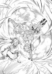  2girls breasts detached_sleeves dress fox_tail garter_straps greyscale highres hololive large_breasts long_hair monochrome motion_blur multiple_girls omaru_polka ponytail shiranui_flare spinning tail thigh-highs virtual_youtuber yatteyattaze 
