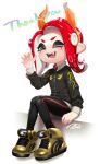  1girl ;d absurdres black_jacket claw_pose commission fake_horns full_body grey_eyes hairband hand_up highres horns jacket knees_together_feet_apart long_hair long_sleeves looking_at_viewer octarian octoling octoling_girl one_eye_closed orange_hairband orange_horns puchiman redhead shoes simple_background single_vertical_stripe sitting skeb_commission smile solo splatoon_(series) suction_cups teeth tentacle_hair white_background zipper zipper_pull_tab 