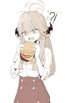  !? 1girl absurdres aru_(blue_archive) bangs blue_archive blush burger food halo highres holding holding_food horns long_hair long_sleeves looking_at_food lpleader open_mouth shirt simple_background skirt solo tearing_up white_background white_shirt 