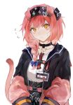  1girl absurdres animal_ears arknights black_bow black_collar black_hairband black_jacket black_skirt blue_bow bow braid cat_ears cat_girl cat_tail collar floppy_ears flying_sweatdrops goldenglow_(arknights) hair_bow hairband highres id_card jacket light_blush lightning_bolt_print long_hair long_sleeves looking_at_viewer multicolored_clothes multicolored_jacket nanjiu957 open_clothes open_jacket pink_hair pink_jacket print_bow print_hairband scissors shirt simple_background skirt solo sweatdrop tail two-tone_jacket upper_body white_background white_shirt yellow_eyes 