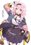  1girl :d animal_ears arknights arm_up bangs black_hairband black_skirt blue_bow bow braid cat_ears cat_tail commentary_request cowboy_shot garter_straps goldenglow_(arknights) hair_bow hairband highres jacket long_sleeves looking_at_viewer medium_hair open_clothes open_jacket open_mouth pink_hair shirt simple_background skirt smile solo standing tail thigh-highs twilight_(cgkk4357) white_background white_shirt white_thighhighs yellow_eyes 