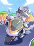  1boy bicycle blue_sky dated driving facial_hair full_body gloves ground_vehicle hat highres looking_at_viewer male_focus mario_kart metal_mario mustache outdoors short_hair sky solo super_mario_bros. twitter_username ya_mari_6363 