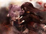  2girls blood blurry brown_hair cape depth_of_field fingerless_gloves funi_mu9 gloves hair_bun highres hololive long_hair looking_at_viewer midriff multiple_girls original parted_lips pink_eyes pink_hair sheath sheathed sword tears torn_clothes weapon 