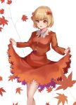  1girl absurdres aki_shizuha blonde_hair blush buttons clothes_lift feet_out_of_frame highres koizumo leaf leaf_on_head lifted_by_self long_sleeves open_mouth red_shirt red_skirt shirt short_hair simple_background skirt skirt_lift smile solo touhou white_background yellow_eyes 