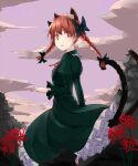  1girl animal_ears bow braid cat_ears cat_tail dress flower hair_bow kaenbyou_rin looking_back multiple_tails nekomata outdoors petticoat red_eyes redhead shirauo solo spider_lily tail touhou twin_braids 