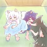  3girls :o =_= aged_down animal_ears arm_at_side assault_lily bangs bare_arms bare_shoulders barefoot black_hair blanket blue_shirt blue_skirt braid buttons cat_ears cat_girl cat_tail closed_eyes collared_shirt fluffy funada_kiito funada_ui hair_down hand_on_own_stomach hand_up highres indoors intertwined_tails kemonomimi_mode lying miniskirt multiple_girls nagasawa_yuki_(assault_lily) no_mouth notice_lines odaiba_girls_high_school_uniform on_back on_floor out_of_frame parted_lips pillow pleated_skirt purple_hair school_uniform shirt siblings side_braid single_braid sisters skirt sleeping sleeveless sleeveless_shirt soles tail tail_hug teisuu two-tone_shirt under_covers white_hair white_shirt wolf_ears wolf_girl wolf_tail 