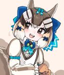  1girl absurdres animal_costume animal_ear_fluff animal_ears blush bow bowtie brown_eyes brown_hair chipmunk_ears chipmunk_girl chipmunk_tail gloves highres kanmoku-san kemono_friends kemono_friends_v_project microphone multicolored_hair open_mouth ribbon scarf shirt short_hair siberian_chipmunk_(kemono_friends) simple_background smile solo tail virtual_youtuber 