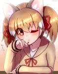  1girl animal_costume animal_ear_fluff animal_ears brown_eyes brown_hair cardigan cat_ears cat_girl desk extra extra_ears highres hikarikmy kemono_friends kemono_friends_v_project large-spotted_genet_(kemono_friends) long_hair multicolored_hair one_eye_closed pen ribbon shirt simple_background solo twintails virtual_youtuber 