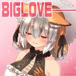  1girl animal_costume animal_ear_fluff animal_ears blush breasts closed_eyes closed_mouth coroha dress fox_ears fox_girl gloves grey_hair hat island_fox_(kemono_friends) kemono_friends kemono_friends_v_project large_breasts long_hair microphone multicolored_hair orange_hair ribbon simple_background solo sundress virtual_youtuber 