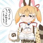  1girl animal_costume animal_ear_fluff animal_ears belt bow bowtie breasts brown_eyes brown_hair cat_ears cat_girl cat_tail closed_mouth cup highres kemono_friends kemono_friends_v_project large-spotted_genet_(kemono_friends) large_breasts long_hair looking_at_viewer mcgunngu microphone mug ribbon shirt simple_background skirt solo tail twintails virtual_youtuber 
