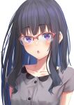  1girl absurdres bangs black_hair blue_hair blush chestnut_mouth collarbone colored_inner_hair glasses grey_shirt highres inoue_takina long_hair looking_at_viewer lycoris_recoil multicolored_hair open_mouth over-rim_eyewear red-framed_eyewear semi-rimless_eyewear shirt short_sleeves simple_background solo starkamisan two-tone_hair upper_body violet_eyes white_background 