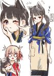  2girls absurdres animal_ears bangs black_hair blonde_hair blue_kimono cheek_poking commentary_request hair_ribbon hand_on_another&#039;s_cheek hand_on_another&#039;s_face highres inoue_takina japanese_clothes kimono light_blush long_hair lycoris_recoil medium_hair multiple_girls nishikigi_chisato o_o oekaki_aoba one_eye_closed open_mouth petting poking red_kimono ribbon simple_background sweatdrop translation_request twintails violet_eyes white_background 