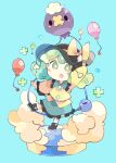  1girl :o balloon baron_(x5qgeh) black_footwear black_headwear blouse blue_background blush_stickers boots bow bright_pupils buttons chibi clouds commentary diamond_button drifloon frilled_shirt_collar frilled_skirt frilled_sleeves frills green_eyes green_hair green_skirt hat hat_bow highres holding komeiji_koishi long_sleeves looking_at_viewer medium_hair open_mouth pokemon shirt simple_background skirt solo touhou white_pupils wide_sleeves yellow_bow yellow_shirt 