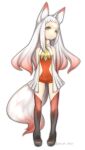  1girl absurdres animal_ears arms_behind_back bare_shoulders closed_mouth fox_ears fox_girl fox_tail frown full_body gradient gradient_hair gradient_legwear highres legs_apart long_hair multicolored_hair multicolored_tail no_nose original puchiman red_tail redhead simple_background solo standing tail thigh-highs turtleneck twitter_username two-tone_hair white_background white_hair white_tail yellow_eyes 