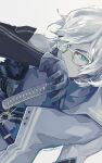  1boy aqua_eyes armor bangs bare_shoulders belt blue_hair closed_mouth commentary_request detached_sleeves expressionless facial_mark facial_tattoo fate/grand_order fate_(series) forehead_mark fur_collar fur_trim furry furry_male glasses gloves grey_background grey_hair high_collar ishida_mitsunari_(fate) katana kukochihiko_(fate) looking_at_viewer male_focus sei_8220 short_hair simple_background solo striped sword tattoo turtleneck upper_body v weapon wolf_boy 