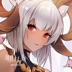  1girl animal_ears arknights bare_shoulders black_one-piece_swimsuit carnelian_(arknights) carnelian_(shining_dew)_(arknights) copyright_name dark-skinned_female dark_skin goat_ears goat_girl goat_horns horns looking_at_viewer lowres mang_(0_felicidades) official_alternate_costume portrait red_eyes short_hair solo swimsuit white_hair 