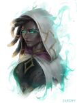  1girl artist_name closed_mouth dark-skinned_female dark_skin dreadlocks glowing glowing_eyes green_eyes highres hood hood_up league_of_legends lips looking_at_viewer portrait realistic senna_(league_of_legends) simple_background solo white_background zarory 