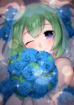  1girl ;) absurdres bangs bare_shoulders blue_flower blue_rose bouquet bridal_veil closed_mouth eyes_visible_through_hair flower green_hair hair_between_eyes hands_up highres holding holding_bouquet kohaku_(rune_factory) leaf light_particles looking_at_viewer one_eye_closed puchiman purple_pupils rose rune_factory rune_factory_4 see-through short_hair smile solo sparkle veil violet_eyes 