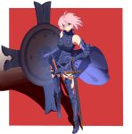  1girl absurdres armor armored_boots black_armor boots breastplate breasts fate/grand_order fate_(series) highres jwhh123 mash_kyrielight pink_hair shield short_hair shoulder_armor simple_background solo sword violet_eyes weapon 