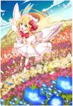  1girl absurdres ametama_(runarunaruta5656) barefoot blonde_hair blue_eyes blue_flower bow bowtie capelet clouds cloudy_sky commentary_request day dress fairy fairy_wings field floating_hair flower flower_field flying full_body grass happy hat hat_bow highres leg_ribbon lily_white long_hair long_sleeves open_mouth outdoors outstretched_arms pink_flower pointy_hat red_bow red_bowtie red_flower red_ribbon ribbon sky solo toes touhou very_long_hair white_capelet white_dress white_flower white_headwear wide_sleeves wings yellow_flower 