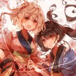  2girls black_hair blonde_hair copyright_name flower heart highres inoue_takina japanese_clothes kimono long_hair looking_at_viewer lycoris_recoil multiple_girls nishikigi_chisato open_mouth red_eyes short_hair simple_background smile third-party_source twintails violet_eyes 