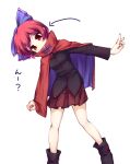  1girl :o black_shirt blue_bow blue_cloak boots bow cloak head_tilt highres isu_(is88) long_sleeves open_mouth red_cloak red_eyes red_skirt redhead sekibanki shirt short_hair simple_background skirt solo touhou white_background 