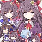  3girls ? animal_ears azukimame black_hair bow closed_eyes commentary_request daiichi_ruby_(umamusume) daitaku_helios_(umamusume) dress gothic_lolita hair_bow horse_ears horse_tail lolita_fashion long_hair looking_at_viewer medium_hair multiple_girls school_uniform short_hair tail tracen_school_uniform twitter_username umamusume violet_eyes 