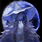  1girl black_background blue_cloak blue_eyes blue_hair blue_headwear blue_skin blue_theme cloak colored_skin cracked_skin doll_joints elden_ring expressionless extra_arms extra_faces full_moon fur_cloak glowing glowing_eye hand_up hat hat_ornament hul-y jewelry joints light_particles looking_at_viewer medium_hair moon one_eye_closed own_hands_together ranni_the_witch ring solo upper_body wavy_hair witch_hat 