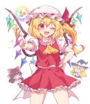  3girls absurdres ascot blonde_hair breasts brown_hair collared_shirt cowboy_shot crystal fang flandre_scarlet frilled_ribbon frilled_shirt_collar frilled_skirt frills hair_ribbon hakurei_reimu hand_on_hip happy hat hat_ribbon highres kaoling kirisame_marisa medium_hair mob_cap multiple_girls one_eye_closed one_side_up open_mouth pointing puffy_short_sleeves puffy_sleeves red_eyes red_ribbon red_skirt red_vest ribbon shirt short_sleeves skirt skirt_set small_breasts thighs touhou vest white_headwear white_shirt wings witch_hat yellow_ascot 