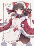  1girl alternate_costume apron bow brown_eyes brown_hair enmaided frilled_bow frills hair_bow hair_tubes hakurei_reimu highres ikeuchi_tanuma looking_at_viewer maid ofuda red_bow skirt solo thigh-highs touhou wide_sleeves 