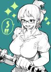  1girl absurdres blue_background breasts glasses gloves greyscale highres holding holding_sword holding_weapon katana large_breasts monochrome one_piece open_mouth ponytail shirt simple_background solo sparkle sparks sword tashigi weapon yotsumi_shiro 