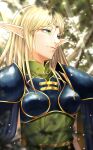  1girl absurdres armor blonde_hair blue_cape boobplate cape circlet cleome94 closed_mouth day deedlit elf green_eyes green_shirt highres long_hair outdoors pointy_ears record_of_lodoss_war shiny shiny_hair shirt shoulder_armor smile solo straight_hair sunlight upper_body 