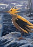  animal_focus bird black_eyes closed_mouth clouds cloudy_sky commentary from_side highres mo~zu no_humans outdoors pokemon pokemon_(creature) sky solo standing symbol-only_commentary zapdos 