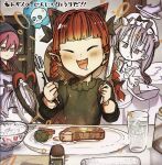  4girls absurdres andanon animal_ears bangs blunt_bangs blush bow braid cat_ears closed_eyes cup drink drinking_glass drooling extra_ears fangs food fork halo happy heart heart_tail highres holding holding_fork holding_knife indoors kaenbyou_rin knife mouth_drool multiple_girls mystia_lorelei open_mouth plate pointy_ears redhead steak table tail tongue tongue_out touhou tray twin_braids wings zombie_fairy_(touhou) 