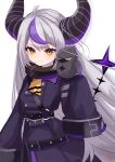  1girl absurdres ahoge animal_on_shoulder ascot bird bird_on_shoulder black_horns blush coat collar cowboy_shot crow_(la+_darknesss) demon_girl demon_horns grey_hair highres hololive horns la+_darknesss long_hair looking_at_viewer madara_jya multicolored_hair purple_coat purple_hair purple_horns sleeves_past_fingers sleeves_past_wrists slit_pupils solo streaked_hair striped_horns tail trench_coat very_long_hair virtual_youtuber yellow_ascot yellow_eyes 