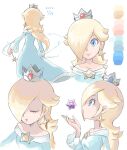  1girl bare_shoulders blonde_hair blue_dress blue_eyes brooch crown dated dress earrings hair_over_one_eye highres holding holding_wand jewelry long_hair long_sleeves multiple_views off-shoulder_dress off_shoulder rosalina solo star_(symbol) star_bit star_earrings super_mario_bros. super_mario_galaxy wand white_background ya_mari_6363 