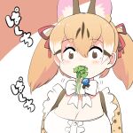  1girl animal_costume animal_ear_fluff animal_ears bow bowtie breasts brown_eyes brown_hair cat_ears cat_girl eating highres kemono_friends kemono_friends_v_project large-spotted_genet_(kemono_friends) large_breasts long_hair looking_at_viewer mcgunngu microphone multicolored_hair ribbon salad shirt simple_background solo twintails virtual_youtuber 
