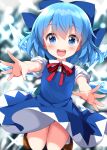  1girl blue_bow blue_dress blue_eyes blue_hair blush bow brown_footwear cirno collared_shirt detached_wings dress fairy full_body hair_between_eyes hair_bow highres ice ice_wings open_mouth puffy_short_sleeves puffy_sleeves ruu_(tksymkw) shirt shoes short_hair short_sleeves smile solo touhou white_shirt wings 