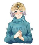  1girl blonde_hair blue_eyes blue_sweater blush breasts earrings fire_emblem fire_emblem_heroes fjorm_(fire_emblem) green_hair grin half-closed_eyes highres interlocked_fingers jewelry looking_at_viewer medium_breasts multicolored_hair own_hands_together sierra117renner smile solo sweater teeth tiara two-tone_hair upper_body watermark white_background 