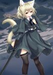  1girl absurdres animal_ear_fluff animal_ears bangs belt belt_buckle black_thighhighs blonde_hair buckle capelet cat_ears cat_girl cat_tail clouds cloudy_sky collared_shirt grey_capelet grey_jacket grey_skirt gun hair_between_eyes highres hinata_(user_rjkt4745) holding holding_gun holding_weapon jacket long_sleeves looking_at_viewer original outdoors ponytail red_eyes revolver rifle shirt skirt sky solo tail thigh-highs weapon white_belt white_shirt 