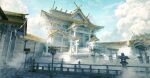  absurdres architecture blue_sky building clouds cloudy_sky day east_asian_architecture fog gold_trim highres hisamesy no_humans original outdoors railing scenery shrine sky stairs stone_lantern 