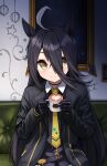  1girl animal_ears black_gloves black_hair black_jacket black_shirt closed_mouth coffee coffee_mug couch cup earrings eyes_visible_through_hair gloves highres holding holding_cup horse_ears horse_girl jacket jewelry kuronosu_(yamada1230) long_hair long_sleeves looking_at_viewer manhattan_cafe_(umamusume) mug multicolored_hair necktie on_couch shirt single_earring sitting smile solo streaked_hair umamusume very_long_hair yellow_eyes yellow_necktie 