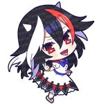  1girl black_hair blue_bow blue_bowtie bow bowtie bracelet chibi dress full_body hair_between_eyes highres horns jewelry kijin_seija looking_at_viewer multicolored_hair open_mouth red_eyes redhead short_hair short_sleeves simple_background smile solo streaked_hair tongue tongue_out touhou v white_background white_dress white_hair yoriteruru 