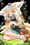  1girl absurdres animal animal_ear_fluff animal_ears animal_hug arknights bag bangs black_background black_cat blonde_hair blue_hairband blue_skirt blush brown_footwear brown_jacket cat commentary_request covered_mouth crossover flower fox_ears fox_girl fox_tail frilled_hairband frills green_eyes hair_between_eyes hairband heixiu highres jacket kitsune long_sleeves luoxiaohei on_grass on_head puffy_long_sleeves puffy_sleeves shoes shoulder_bag skirt sleeves_past_wrists socks suzuran_(arknights) suzuran_(spring_praise)_(arknights) tail the_legend_of_luo_xiaohei white_flower white_socks zhengqi_zhizi_sg 