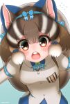  1girl animal_costume animal_ear_fluff animal_ears bow bowtie brown_eyes brown_hair chipmunk_ears chipmunk_girl chipmunk_tail highres hikarikmy kemono_friends kemono_friends_v_project looking_at_viewer multicolored_hair open_mouth ribbon scarf shirt short_hair shorts siberian_chipmunk_(kemono_friends) simple_background solo tail virtual_youtuber white_hair 