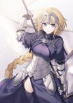  1girl absurdres armor armored_dress black_thighhighs blonde_hair braid breasts chain fate/apocrypha fate/grand_order fate_(series) faulds flag gauntlets headpiece highres holding holding_flag jeanne_d&#039;arc_(fate) jeanne_d&#039;arc_(ruler)_(fate) large_breasts long_braid long_hair machi_futo plackart single_braid solo standard_bearer thigh-highs very_long_hair violet_eyes 