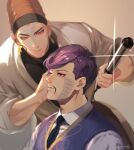  2boys at4190_(user_vzac7788) black_necktie brothers brown_eyes brown_hair closed_mouth coat collared_shirt daniel_j._d&#039;arby earrings facial_hair highres holding jewelry jojo_no_kimyou_na_bouken male_focus multiple_boys mustache necktie purple_hair purple_vest red_eyes shirt short_hair siblings stardust_crusaders terence_t._d&#039;arby vest white_coat white_shirt 